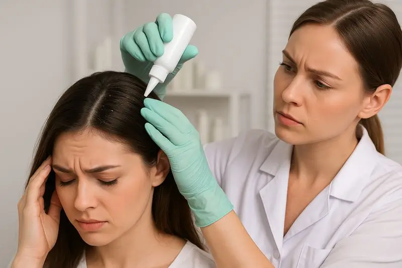 Косметолог наносит лечебный препарат на кожу головы пациентки при перхоти и себорее