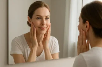 Женщина рассматривает своё лицо в зеркале после процедуры лифтинга Ультраформер МРТ