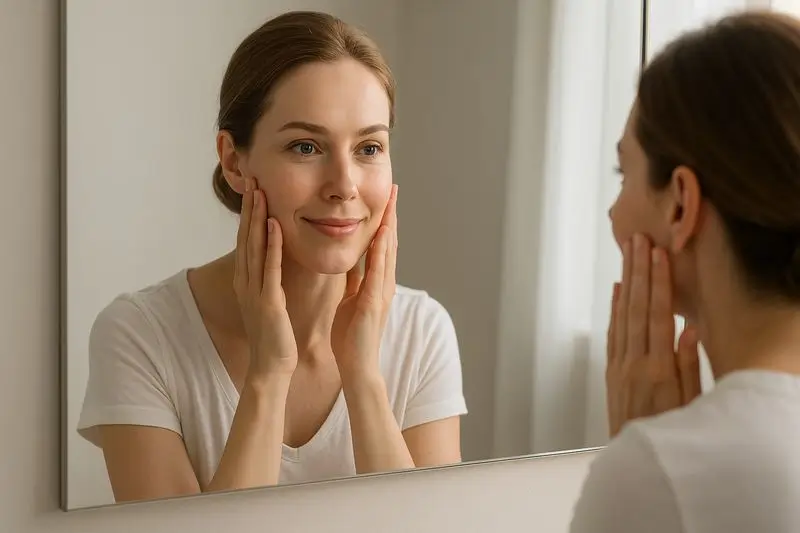 Женщина рассматривает своё лицо в зеркале после процедуры лифтинга Ультраформер МРТ